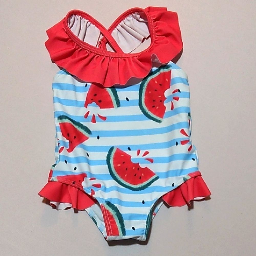 9-12 Month Girls Patpat Watermelon Print Swimsuit White Blue Stripes
